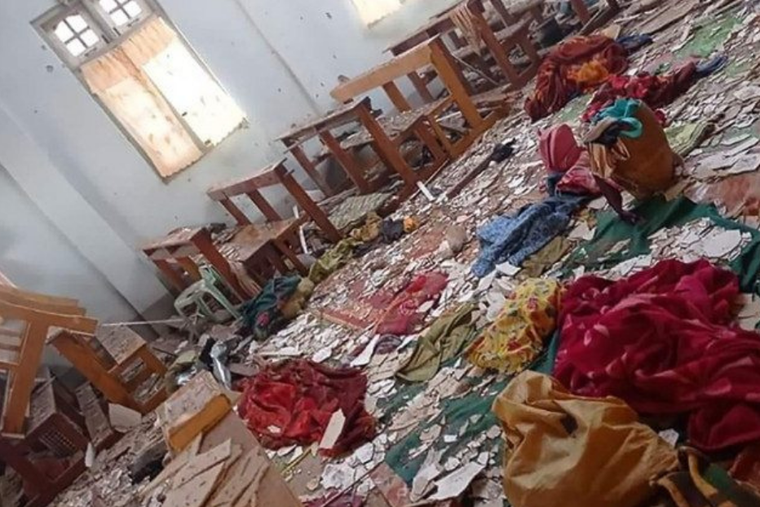 The roof and ceiling of Sacred Heart Church were damaged by the military attack on May 24. The roof and ceiling of Sacred Heart Church were damaged by the military attack on May 24.