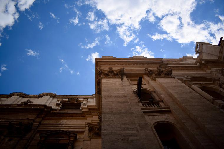 A view of St. Peter’s Basilica shows the façade and the sky. A view of St. Peter’s Basilica shows the façade and the sky.