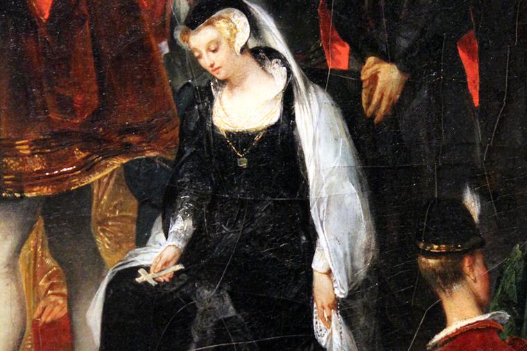 Mary Queen of Scots holds her rosary in a detail from “The Reading of Mary Stuart’s Death Sentence,” painted in 1826 by Eugène Devéria. Mary Queen of Scots holds her rosary in a detail from “The Reading of Mary Stuart’s Death Sentence,” painted in 1826 by Eugène Devéria.