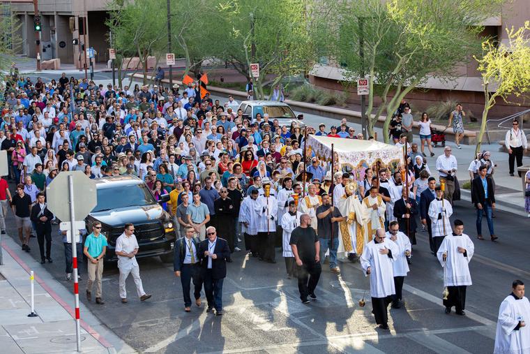 The Most Rev. Thomas J. Olmsted, bishop of the Diocese of Phoenix, led the Eucharistic procession on Corpus Christi Sunday, June 6, through the streets of downtown Phoenix. The Eucharistic procession, in combination with the recent release of Bishop Olmsted’s apostolic exhortation ‘Veneremur Cernui,’ continues the celebration of the Year of St. Joseph. The Most Rev. Thomas J. Olmsted, bishop of the Diocese of Phoenix, led the Eucharistic procession on Corpus Christi Sunday, June 6, through the streets of downtown Phoenix. The Eucharistic procession, in combination with the recent release of Bishop Olmsted’s apostolic exhortation ‘Veneremur Cernui,’ continues the celebration of the Year of St. Joseph.