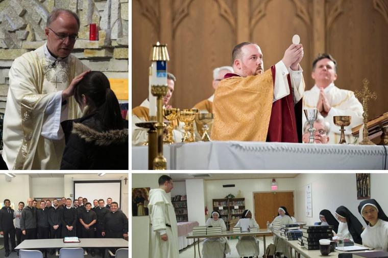 Clockwise from top left: Father James Livingston blesses a parishioner on the feast of St. Blaise. Father Christopher Ford offers his June 2, 2019, thanksgiving
Mass at St. Francis of Assisi Church in Naugatuck, Connecticut. Father Andrew Hofer teaches contemplative nuns from different cloistered monasteries as part of the Monastic Theological Studies program at the Dominican Monastery of Our Lady of the Rosary in Summit, N.J. And Father Dennis Billy smiles with his students when he was teaching at St. Charles Seminary in 2016. Clockwise from top left: Father James Livingston blesses a parishioner on the feast of St. Blaise. Father Christopher Ford offers his June 2, 2019, thanksgiving
Mass at St. Francis of Assisi Church in Naugatuck, Connecticut. Father Andrew Hofer teaches contemplative nuns from different cloistered monasteries as part of the Monastic Theological Studies program at the Dominican Monastery of Our Lady of the Rosary in Summit, N.J. And Father Dennis Billy smiles with his students when he was teaching at St. Charles Seminary in 2016.
