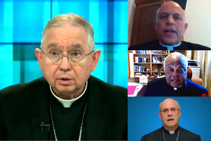 (L) Archbishop Jose Gomez leads the USCCB Spring meeting June 17, 2021 alongside Archbishop Salvatore Cordileone of San Francisco, Cardinal Wilton Gregory of Washington, D.C., and Bishop Kevin Rhoades. The bishops are meeting virtually to discuss a document on the Eucharist. (L) Archbishop Jose Gomez leads the USCCB Spring meeting June 17, 2021 alongside Archbishop Salvatore Cordileone of San Francisco, Cardinal Wilton Gregory of Washington, D.C., and Bishop Kevin Rhoades. The bishops are meeting virtually to discuss a document on the Eucharist.