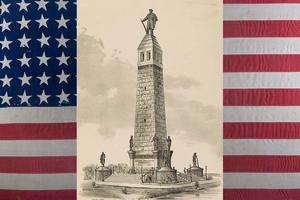 An 1889 rendition by architects Bullard & Bullard of the National Emancipation Monument proposed for Springfield, Illinois (Library of Congress), superimposed on a 34-star U.S. flag dating to the Civil War. An 1889 rendition by architects Bullard & Bullard of the National Emancipation Monument proposed for Springfield, Illinois (Library of Congress), superimposed on a 34-star U.S. flag dating to the Civil War.