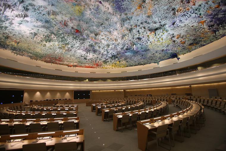The meeting room of the United Nations Human Rights Council, in the Palace of Nations in Geneva, Switzerland. The meeting room of the United Nations Human Rights Council, in the Palace of Nations in Geneva, Switzerland.