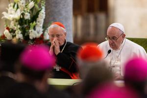 Cardinal Gualtiero Bassetti, president of the Italian Episcopal Conference, (L) listens while Pope Francis addressed bishops from 19 Mediterranean countries on the final day of a meeting entitled "Mediterranean frontier of peace" in Bari, Italy, Jan. 22, 2020. Cardinal Gualtiero Bassetti, president of the Italian Episcopal Conference, (L) listens while Pope Francis addressed bishops from 19 Mediterranean countries on the final day of a meeting entitled "Mediterranean frontier of peace" in Bari, Italy, Jan. 22, 2020.