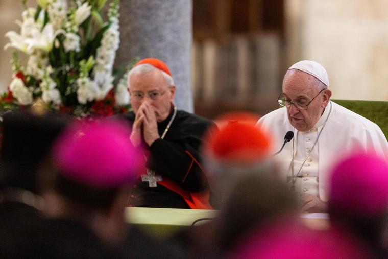 Cardinal Gualtiero Bassetti, president of the Italian Episcopal Conference, (L) listens while Pope Francis addressed bishops from 19 Mediterranean countries on the final day of a meeting entitled "Mediterranean frontier of peace" in Bari, Italy, Jan. 22, 2020. Cardinal Gualtiero Bassetti, president of the Italian Episcopal Conference, (L) listens while Pope Francis addressed bishops from 19 Mediterranean countries on the final day of a meeting entitled "Mediterranean frontier of peace" in Bari, Italy, Jan. 22, 2020.
