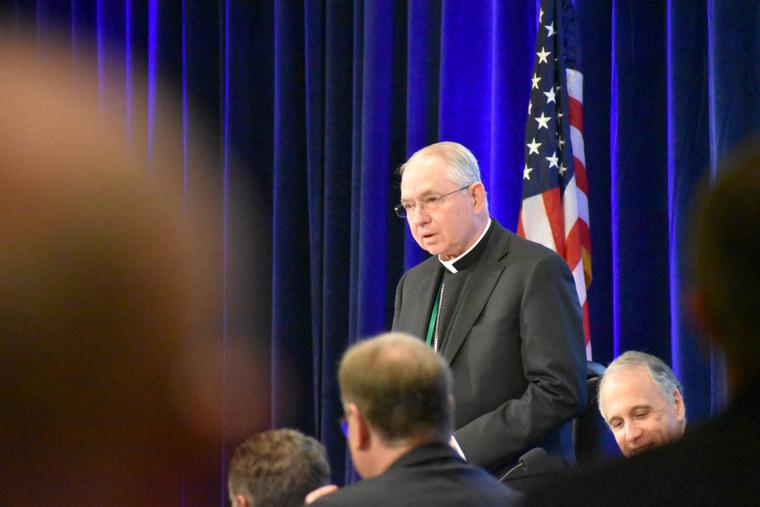 Archbishop Jose H. Gomez of Los Angeles addresses his brother bishops after being elected to a 3 year term as President of the United States Conference of Catholic Bishops during the second day of the USCCB's Fall Meeting in Baltimore, Nov. 11, 2019 Archbishop Jose H. Gomez of Los Angeles addresses his brother bishops after being elected to a 3 year term as President of the United States Conference of Catholic Bishops during the second day of the USCCB's Fall Meeting in Baltimore, Nov. 11, 2019