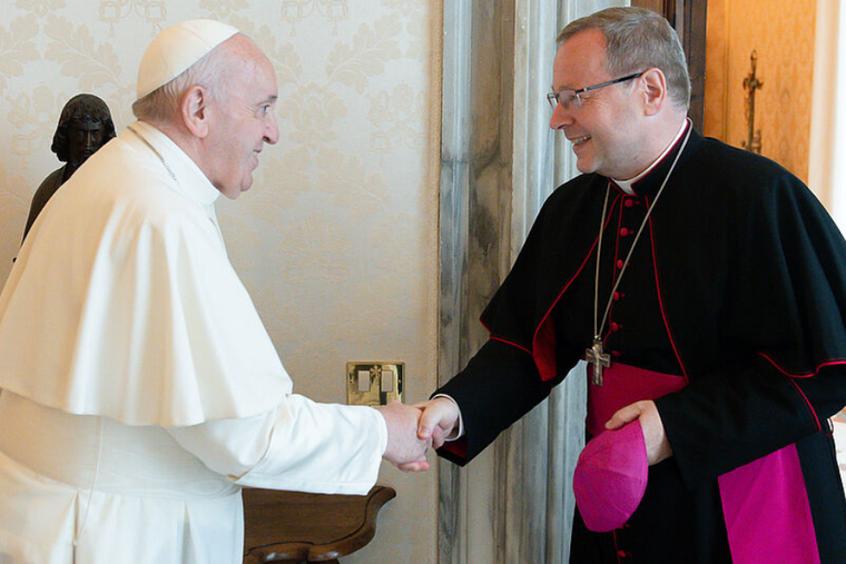 Pope Francis greets Bishop Georg Bätzing for a private audience at the Vatican on July 24, 2021. Pope Francis greets Bishop Georg Bätzing for a private audience at the Vatican on July 24, 2021.
