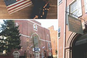 At lower left, Old St. Mary Church at 252 S. 4th Street was built in 1763 by Charles Johnson and was altered in 1782 and 1810-11. At right, Old St. Joseph’s Church was the first Catholic church in the city. At lower left, Old St. Mary Church at 252 S. 4th Street was built in 1763 by Charles Johnson and was altered in 1782 and 1810-11. At right, Old St. Joseph’s Church was the first Catholic church in the city.