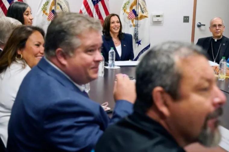 Vice President Kamala Harris (center back) and Bishop Mark Seitz of El Paso (back right) gather at an immigration roundtable at El Paso International Airport in Texas on June 25. Vice President Kamala Harris (center back) and Bishop Mark Seitz of El Paso (back right) gather at an immigration roundtable at El Paso International Airport in Texas on June 25.