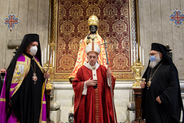 Pope Francis celebrates Mass at St. Peter’s Basilica on the Solemnity of Sts. Peter and Paul, June 29, 2021. Pope Francis celebrates Mass at St. Peter’s Basilica on the Solemnity of Sts. Peter and Paul, June 29, 2021.