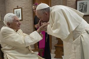 Pope Francis greets Benedict XVI after the creation of new cardinal Nov. 28, 2020 Pope Francis greets Benedict XVI after the creation of new cardinal Nov. 28, 2020