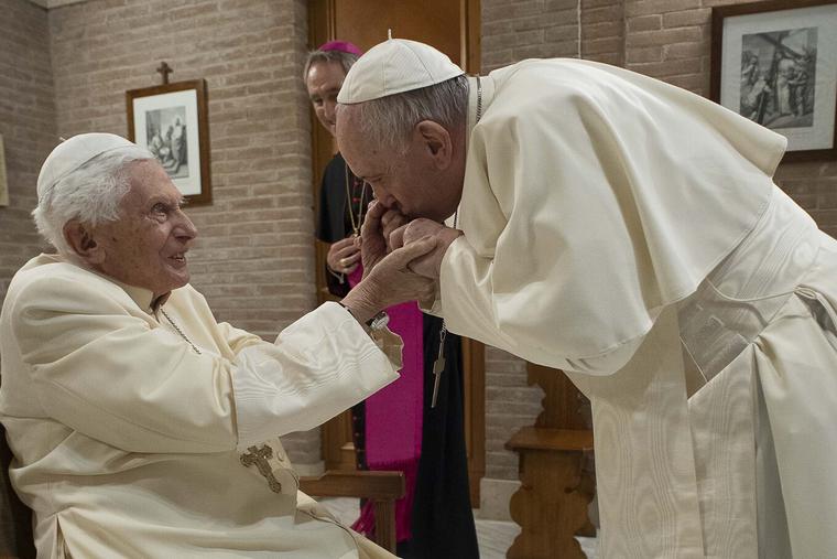Pope Francis greets Benedict XVI after the creation of new cardinal Nov. 28, 2020 Pope Francis greets Benedict XVI after the creation of new cardinal Nov. 28, 2020
