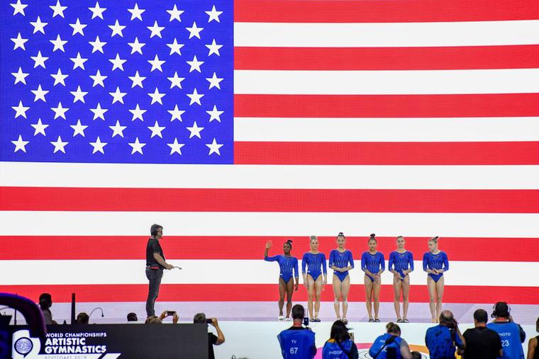 The US gymnastic women's team with (L-R) Simone Biles, Mykayla Skinner, Kara Eaker, Sunisa Lee, Grace McCallum and Jade Carey are presented prior to a training session for the FIG Artistic Gymnastics World Championships in Stuttgart, southern Germany, on October 1, 2019. The US gymnastic women's team with (L-R) Simone Biles, Mykayla Skinner, Kara Eaker, Sunisa Lee, Grace McCallum and Jade Carey are presented prior to a training session for the FIG Artistic Gymnastics World Championships in Stuttgart, southern Germany, on October 1, 2019.