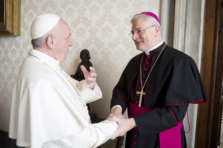 Pope Francis with Archbishop Leo Cushley, Archbishop of St. Andrews and Edinburgh in Scotland, in Vatican City. Pope Francis with Archbishop Leo Cushley, Archbishop of St. Andrews and Edinburgh in Scotland, in Vatican City.