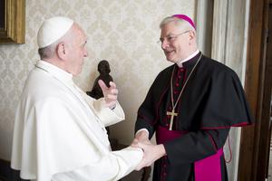 Pope Francis with Archbishop Leo Cushley, Archbishop of St. Andrews and Edinburgh in Scotland, in Vatican City. Pope Francis with Archbishop Leo Cushley, Archbishop of St. Andrews and Edinburgh in Scotland, in Vatican City.