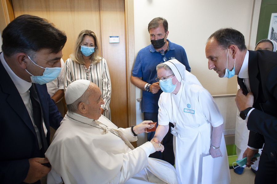 Pope Francis greets staff at the Gemelli Hospital in Rome, July 11, 2021. Pope Francis greets staff at the Gemelli Hospital in Rome, July 11, 2021.