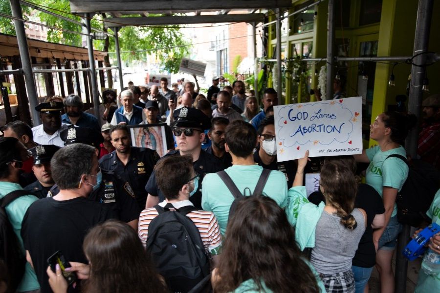 Protestors with the group New York City for Abortion block Witness for Life prayer walk in Brooklyn Protestors with the group New York City for Abortion block Witness for Life prayer walk in Brooklyn