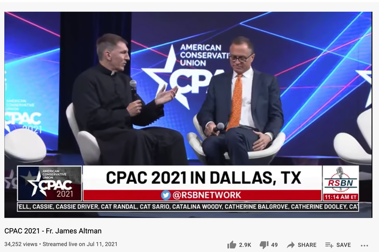 Father James Altman gave the welcome prayer at the CPAC 2021 convention July 11 in Dallas and is pictured here as a speaker on a panel on ‘Why Faith Matters’ with Dan Schneider of the American Conservative Union. Father James Altman gave the welcome prayer at the CPAC 2021 convention July 11 in Dallas and is pictured here as a speaker on a panel on ‘Why Faith Matters’ with Dan Schneider of the American Conservative Union.