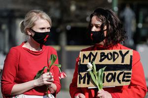 Women demonstrate in front of the European Parliament in Brussels March 8 to denounce, among others, the restrictions on access to abortion in Poland. Women demonstrate in front of the European Parliament in Brussels March 8 to denounce, among others, the restrictions on access to abortion in Poland.