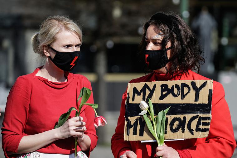 Women demonstrate in front of the European Parliament in Brussels March 8 to denounce, among others, the restrictions on access to abortion in Poland. Women demonstrate in front of the European Parliament in Brussels March 8 to denounce, among others, the restrictions on access to abortion in Poland.