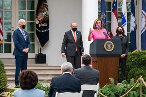 Speaker of the House Nancy Pelosi delivers remarks on the American Rescue Plan in March 2021 at the White House. Speaker of the House Nancy Pelosi delivers remarks on the American Rescue Plan in March 2021 at the White House.