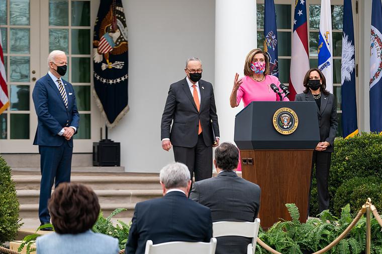 Speaker of the House Nancy Pelosi delivers remarks on the American Rescue Plan in March 2021 at the White House. Speaker of the House Nancy Pelosi delivers remarks on the American Rescue Plan in March 2021 at the White House.