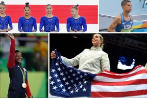 Clockwise from top left: Gymnast Grace McCallum (2nd from right) lines up with teammates Kara Eaker, Sunisa Lee and Jade Carey as the U.S. gymnastic women’s team prepares to compete at an event Oct. 1, 2019, in Stuttgart, Germany; Matthew Centrowitz Jr. runs during Rio 2016; fencer Mariel Zagunis holds an American flag at the 2014 World Fencing Championships; gymnast Simone Biles waves to the crowd at the Rio games in 2016. Clockwise from top left: Gymnast Grace McCallum (2nd from right) lines up with teammates Kara Eaker, Sunisa Lee and Jade Carey as the U.S. gymnastic women’s team prepares to compete at an event Oct. 1, 2019, in Stuttgart, Germany; Matthew Centrowitz Jr. runs during Rio 2016; fencer Mariel Zagunis holds an American flag at the 2014 World Fencing Championships; gymnast Simone Biles waves to the crowd at the Rio games in 2016.