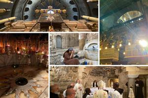 Clockwise from top left: Church of the Holy Sepulchre, the Angelus takes place in the cave of the Virgin Mary, a woman prays outside of the Holy Sepulchre and the place where Jesus was born. Clockwise from top left: Church of the Holy Sepulchre, the Angelus takes place in the cave of the Virgin Mary, a woman prays outside of the Holy Sepulchre and the place where Jesus was born.
