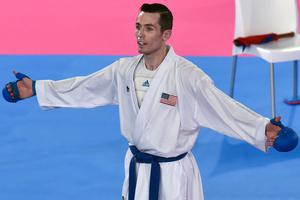 Tom Scott celebrates during the Pan-American Games Men's Under-75kg Final Karate fight against Brazil's Verissimo Hernani in Lima on Aug. 11, 2019. Tom Scott celebrates during the Pan-American Games Men's Under-75kg Final Karate fight against Brazil's Verissimo Hernani in Lima on Aug. 11, 2019.
