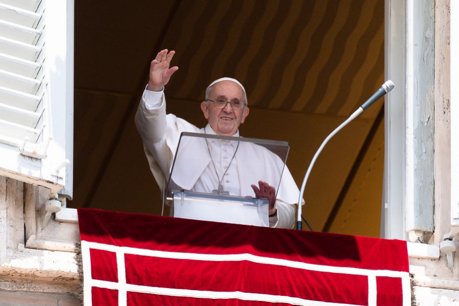 Pope Francis waves during the Angelus at the Vatican July 18, 2021. Pope Francis waves during the Angelus at the Vatican July 18, 2021.