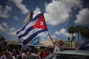 Cuban exiles rally at Versailles Restaurant in Miami's Little Havana in support of protesters in Cuba. Cuban exiles rally at Versailles Restaurant in Miami's Little Havana in support of protesters in Cuba.