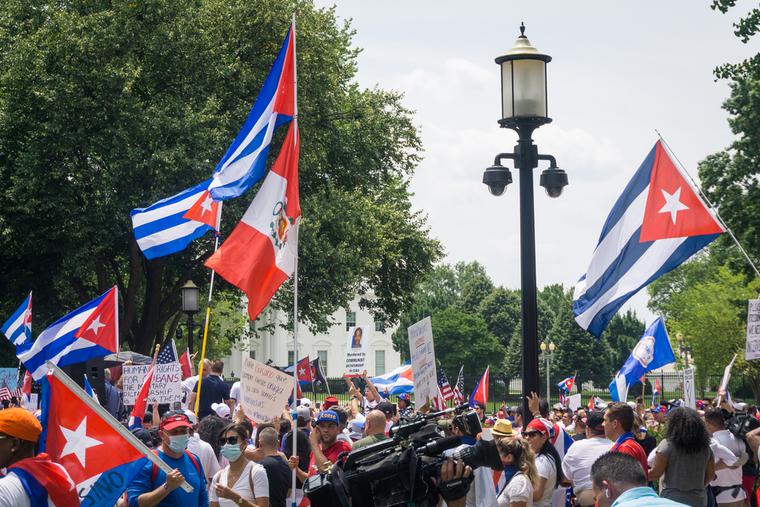 Protesters in favor of democracy in Cuba protest in front of the White House in Washington, D.C. on July 26, 2021. Protesters in favor of democracy in Cuba protest in front of the White House in Washington, D.C. on July 26, 2021.