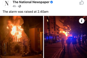 St. Simon’s, Partick, in Glasgow, Scotland enguled in flames. St. Simon’s, Partick, in Glasgow, Scotland enguled in flames.