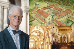 (L) Architect Thomas Gordon Smith alongside his work including (T) watercolor perspective of Our Lady of the Annunciation Abbey at Clear Creek in Hulbert, Oklahoma, (B-L) interior watercolor perspective of the crossing in the chapel at Our Lady of the Annunciation Abbey at Clear Creek in Oklahoma, (B-R) interior of the Chapel of Saints Peter & Paul at Our Lady of Guadalupe Seminary in Denton, Nebraska. (L) Architect Thomas Gordon Smith alongside his work including (T) watercolor perspective of Our Lady of the Annunciation Abbey at Clear Creek in Hulbert, Oklahoma, (B-L) interior watercolor perspective of the crossing in the chapel at Our Lady of the Annunciation Abbey at Clear Creek in Oklahoma, (B-R) interior of the Chapel of Saints Peter & Paul at Our Lady of Guadalupe Seminary in Denton, Nebraska.