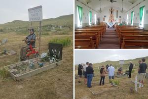 Clockwise from left: George Looks Twice, who is responsible for initiating the canonization process for Black Elk, sits by his grandfather's grave. St. Agnes Catholic Church is in Manderson, South Dakota, on the Pine Ridge Reservation, where Nicholas Black Elk ministered. Knights of Columbus, along with other Lakota Catholics and descendants of Black Elk, gather for prayer around Black Elk's grave as part of their pilgrimage this month. Clockwise from left: George Looks Twice, who is responsible for initiating the canonization process for Black Elk, sits by his grandfather's grave. St. Agnes Catholic Church is in Manderson, South Dakota, on the Pine Ridge Reservation, where Nicholas Black Elk ministered. Knights of Columbus, along with other Lakota Catholics and descendants of Black Elk, gather for prayer around Black Elk's grave as part of their pilgrimage this month.