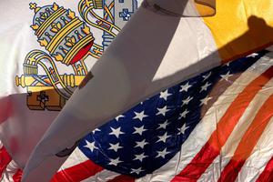 The U.S. flag and the flag of Vatican City fly outside Nationals Park before Pope Benedict XVI’s visit to Washington, DC, April 15, 2008. The U.S. flag and the flag of Vatican City fly outside Nationals Park before Pope Benedict XVI’s visit to Washington, DC, April 15, 2008.