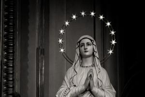 Mary is described as ‘a woman clothed with the sun, with the moon under her feet, and on her head a crown of 12 stars’ in Revelation. Mary is described as ‘a woman clothed with the sun, with the moon under her feet, and on her head a crown of 12 stars’ in Revelation.