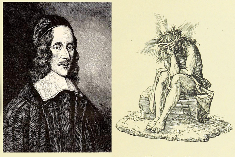 LEFT: Robert White’s 1674 portrait of George Herbert, from the UK’s National Portrait Gallery. RIGHT: Albrecht Dürer illustration of Christ, from an 1894 edition of Herbert’s The Temple. LEFT: Robert White’s 1674 portrait of George Herbert, from the UK’s National Portrait Gallery. RIGHT: Albrecht Dürer illustration of Christ, from an 1894 edition of Herbert’s The Temple.