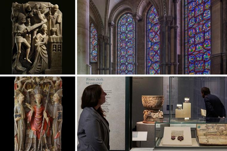 Clockwise from top left: An alabaster panel shows the murder of Thomas Becket; the Miracle Windows, an overview of the exhibit and an alabaster panel from an altarpiece showing Becket’s consecration as an archbishop (from the first half of the 15th century; private collection) are on display. Clockwise from top left: An alabaster panel shows the murder of Thomas Becket; the Miracle Windows, an overview of the exhibit and an alabaster panel from an altarpiece showing Becket’s consecration as an archbishop (from the first half of the 15th century; private collection) are on display.