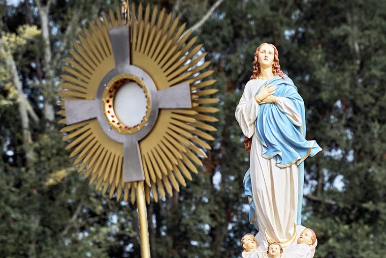 The Blessed Sacrament and a statue of the Blessed Virgin Mary are carried in procession at the Fête-Dieu du Teche in Louisiana. The Blessed Sacrament and a statue of the Blessed Virgin Mary are carried in procession at the Fête-Dieu du Teche in Louisiana.