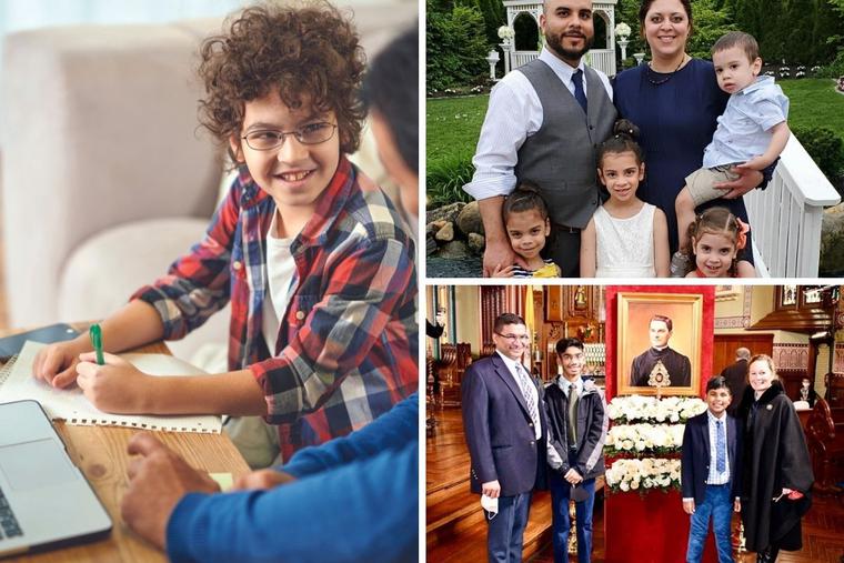 The number of home-schooling households rose from 3.2 million in 2020 before the pandemic to 6.8 million in August 2020. Those households include the Acosta and Lobo families. Julie and Omar Acosta are shown, top right, with their children Analia, Camila, Mariela and Lucas. Bottom right, David and Phyllis Lobo and their sons Vimal (center left) and Antonio (center right) are shown at St. Mary's Church in New Haven, Connecticut, during the October 2020 beatification weekend festivities for Blessed Michael McGivney. The number of home-schooling households rose from 3.2 million in 2020 before the pandemic to 6.8 million in August 2020. Those households include the Acosta and Lobo families. Julie and Omar Acosta are shown, top right, with their children Analia, Camila, Mariela and Lucas. Bottom right, David and Phyllis Lobo and their sons Vimal (center left) and Antonio (center right) are shown at St. Mary's Church in New Haven, Connecticut, during the October 2020 beatification weekend festivities for Blessed Michael McGivney.
