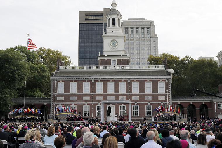 Pope Francis speaks at Independence Hall in Philadelphia on Sept. 26, 2015, in Philadelphia. Pope Francis speaks at Independence Hall in Philadelphia on Sept. 26, 2015, in Philadelphia.