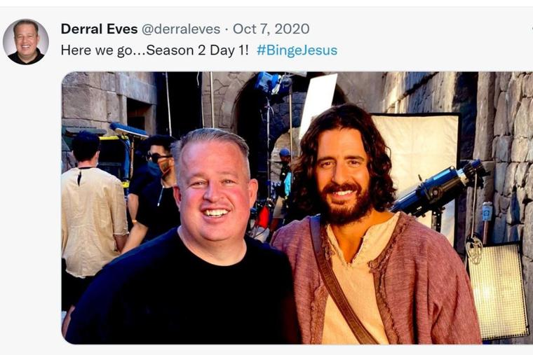 Derral Eves smiles alongside actor Jonathan Roumie, who portrays Jesus in ‘The Chosen,’ in an Oct. 7, 2020, Twitter post. Derral Eves smiles alongside actor Jonathan Roumie, who portrays Jesus in ‘The Chosen,’ in an Oct. 7, 2020, Twitter post.