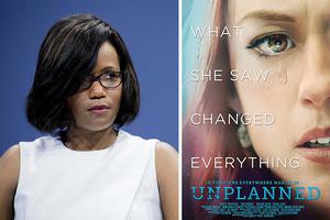 LEFT: Élisabeth Moreno attends a conference at Parc des Expositions Porte de Versailles on June 15, 2017, in Paris. RIGHT: Movie poster for ‘Unplanned.’ LEFT: Élisabeth Moreno attends a conference at Parc des Expositions Porte de Versailles on June 15, 2017, in Paris. RIGHT: Movie poster for ‘Unplanned.’