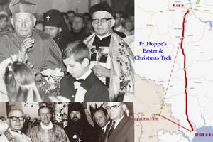 (L) Father Tadeusz Hoppe holds cross in left hand, on his right-hand side Cardinal František Tomášek blesses the worshippers. (B-L) Ecumenical meeting in Father Tadeusz Hoppe's apartment in Odessa. (R) Father Hoppe was the eyes and ears of the Vatican for the southern Soviet Union. Every Easter and Christmas he took a two-country trek, by train, plane, and taxi or bus to offer the Mass in Odessa and Kyiv, Ukraine and Chisinau, Moldova. (L) Father Tadeusz Hoppe holds cross in left hand, on his right-hand side Cardinal František Tomášek blesses the worshippers. (B-L) Ecumenical meeting in Father Tadeusz Hoppe's apartment in Odessa. (R) Father Hoppe was the eyes and ears of the Vatican for the southern Soviet Union. Every Easter and Christmas he took a two-country trek, by train, plane, and taxi or bus to offer the Mass in Odessa and Kyiv, Ukraine and Chisinau, Moldova.