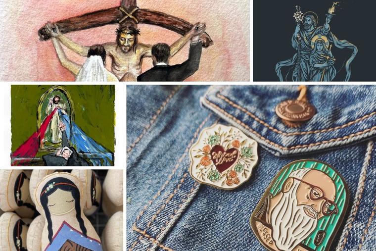 Clockwise from top left, the arts and crafts of Leanne Bowen, Chris Lewis, Rakhi McCormick, Erin Marek and Annie Vaeth has gained popularity due to its faith- and saint focus. Clockwise from top left, the arts and crafts of Leanne Bowen, Chris Lewis, Rakhi McCormick, Erin Marek and Annie Vaeth has gained popularity due to its faith- and saint focus.