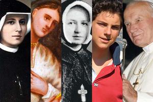 L to R: St. Faustina Kowalska, St. Kateri Tekakwitha, Blessed Dina Bélanger, Blessed Carlo Acutis, Pope St. John Paul II L to R: St. Faustina Kowalska, St. Kateri Tekakwitha, Blessed Dina Bélanger, Blessed Carlo Acutis, Pope St. John Paul II