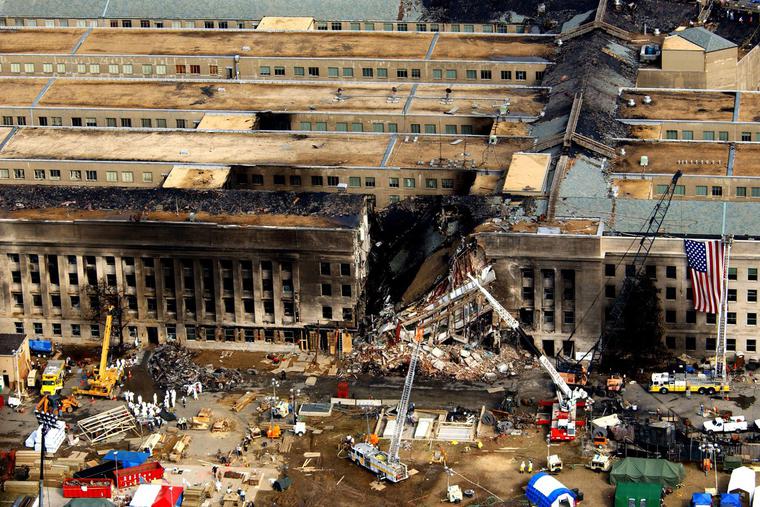 The crash scene at the Pentagon is viewed from above following the terrorist attack on Sept. 11, 2001. The crash scene at the Pentagon is viewed from above following the terrorist attack on Sept. 11, 2001.