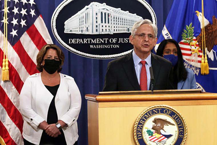 US Attorney General Merrick Garland announces the Department of Justice is filing a lawsuit against the state of Texas over the state’s new law that protects unborn children from abortion after six weeks in utero, as Deputy Attorney General Lisa Monaco (L) and Associate Attorney General Vanita Gupta look on. US Attorney General Merrick Garland announces the Department of Justice is filing a lawsuit against the state of Texas over the state’s new law that protects unborn children from abortion after six weeks in utero, as Deputy Attorney General Lisa Monaco (L) and Associate Attorney General Vanita Gupta look on.